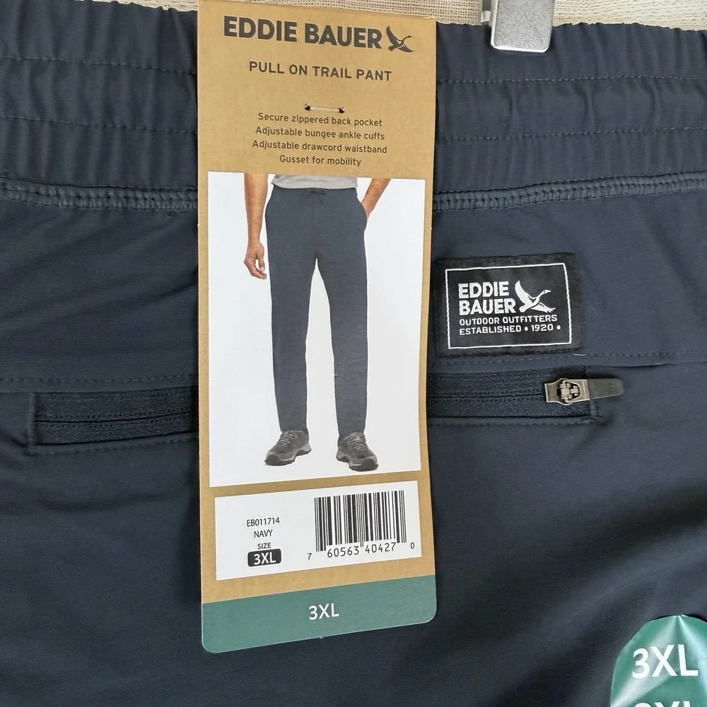 NEW Eddie Bauer Men's Pull On Trail Pants Sz 3XL Navy Drawstring Elastic Waist